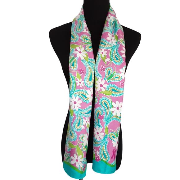 Lilly Pulitzer Ford 100% Silk Rectangle Scarf Pink Floral Breast Cancer 2004 - Picture 4 of 9